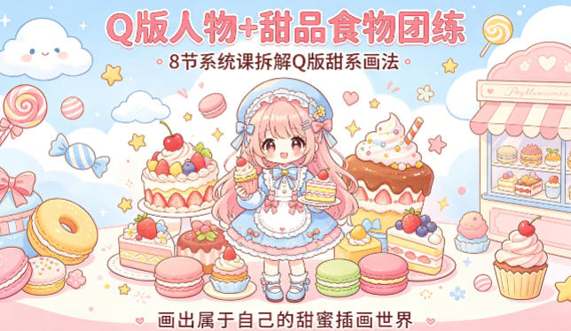 Q版人物+甜品食物团练，8节系统课拆解Q版甜系画法，画出属于自己的甜蜜插画世界-源创文化-无心创作
