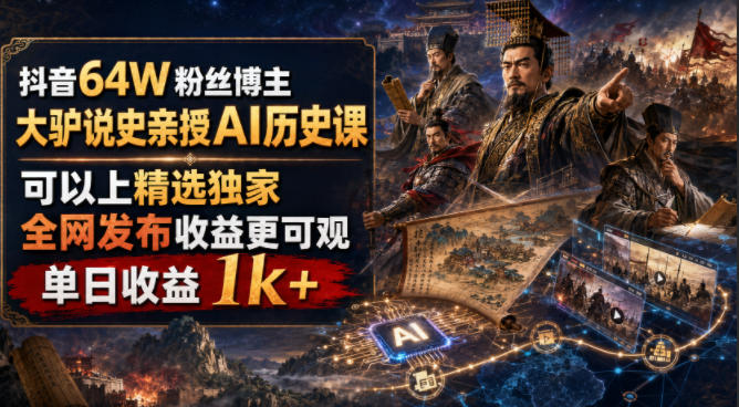 抖音64W粉丝博主大驴说史亲授AI历史课，可以上精选独家，全网发布收益更可观，单日收益1k+-源创文化-无心创作