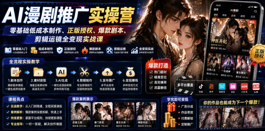 AI漫剧推广实操营｜零基础低成本制作、正版授权、爆款剧本、剪辑运镜全变现实战课-源创文化-无心创作