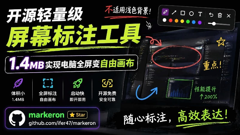开源轻量级屏幕标注工具，1.4MB实现电脑全屏变自由画布！支持8种标注工具和全键盘操控MarkerOn-源创文化-无心创作