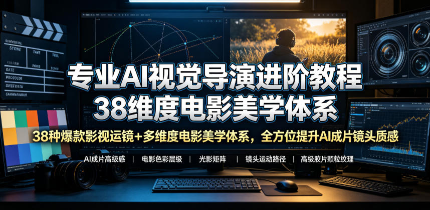专业AI视觉导演进阶教程，38种爆款影视运镜+多维度电影美学体系，全方位提升AI成片高级感与镜头质感-源创文化-无心创作