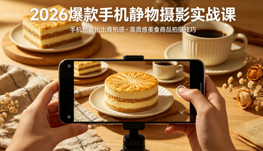 2026爆款手机静物摄影实战课，手机也能拍出商拍感，学会拍出高质感美食商品-源创文化-无心创作