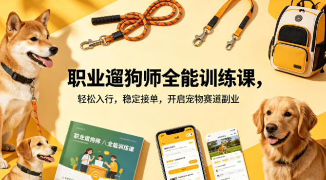 职业遛狗师全能训练课，轻松入行，稳定接单，开启宠物赛道副业-源创文化-无心创作