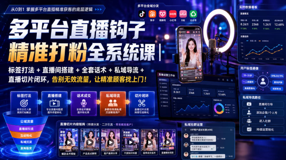 多平台直播钩子精准打粉全系统课｜标签打法+直播间搭建+全套话术+私域导流+直播切片闭环，告别无效流量，让精准顾客找上门！-源创文化-无心创作