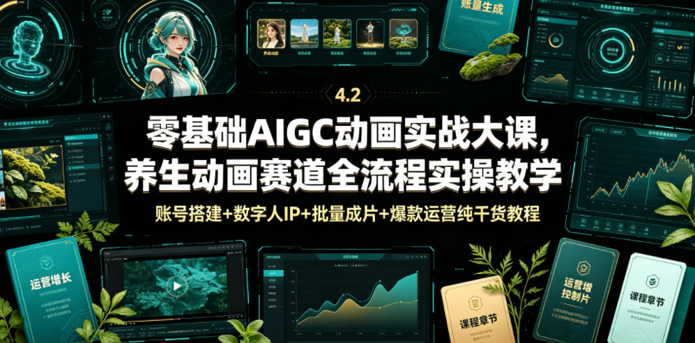 零基础AIGC动画实战大课，养生动画赛道全流程实操教学，账号搭建+数字人IP+批量成片+爆款运营纯干货教程-源创文化-无心创作