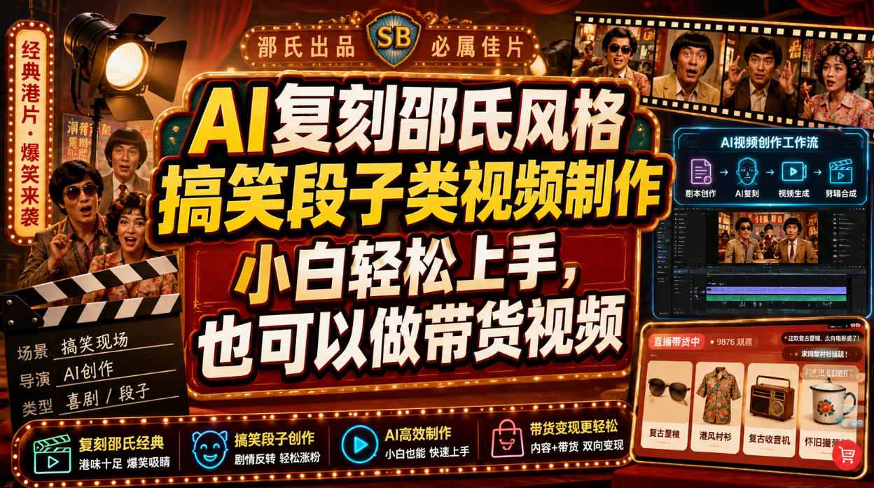 AI复刻邵氏风格搞笑段子类视频制作，小白轻松上手，也可以做带货视频-源创文化-无心创作