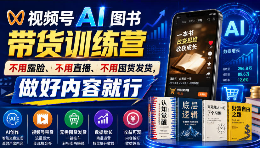 视频号AI图书带货训练营,不用露脸、不用直播、不用囤货发货,做好内容就行,一条爆款视频佣金8942-源创文化-无心创作