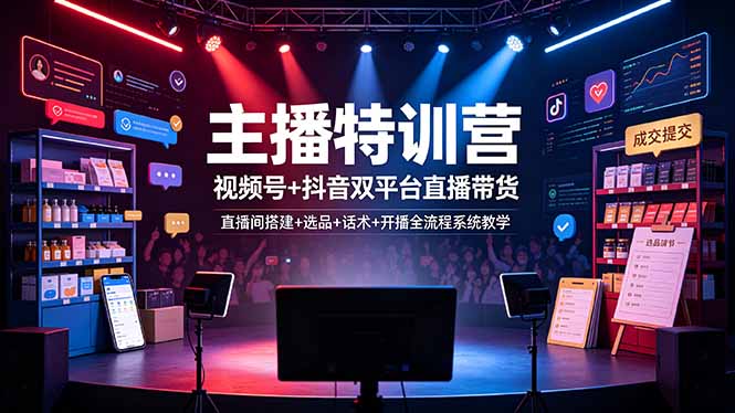 主播特训营：视频号+抖音双平台直播带货，直播间搭建+选品+话术+开播全流程系统教学-源创文化-无心创作