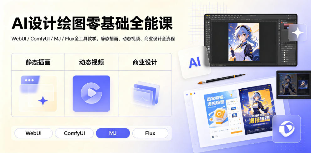AI设计绘图零基础全能课｜WebUI/ComfyUI/MJ/Flux全工具教学，静态插画、动态视频、商业设计全流程-源创文化-无心创作
