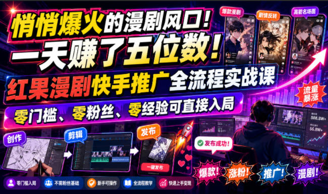 悄悄爆火的漫剧风口！一天賺了五位数！红果漫剧快手推广全流程实战课，零门槛、零粉丝、零经验可直接入局-源创文化-无心创作