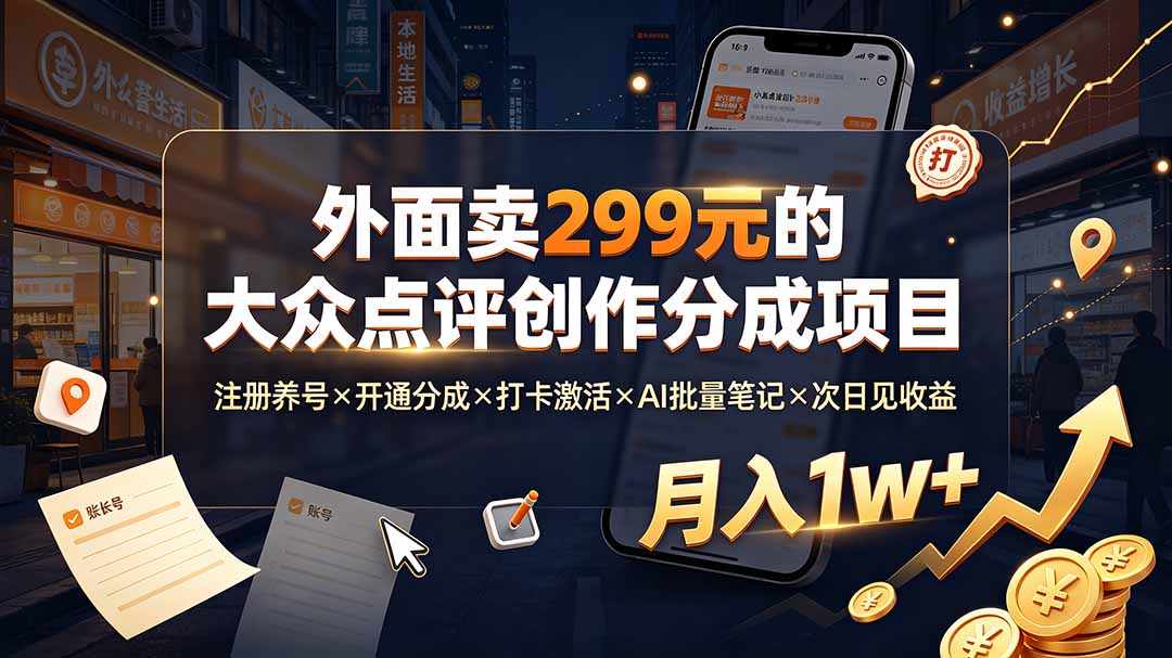 外面卖299元的大众点评创作分成项目：注册养号×开通分成×打卡激活×AI批量笔记×次日见收益，月入1w+-源创文化-无心创作