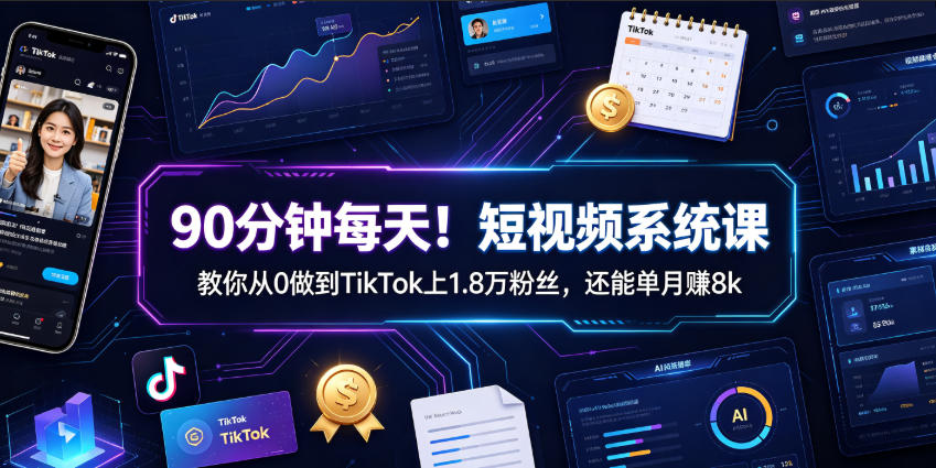 90分钟每天！短视频系统课教你从0做到TikTok上1.8万粉丝，还能单月賺8k【原创双语字幕】-源创文化-无心创作