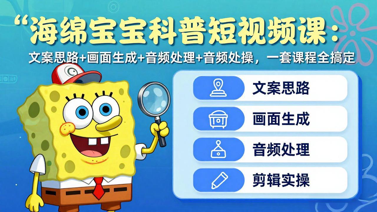 海绵宝宝科普短视频课：文案思路+画面生成+音频处理+剪辑实操，一套课程全搞定-源创文化-无心创作