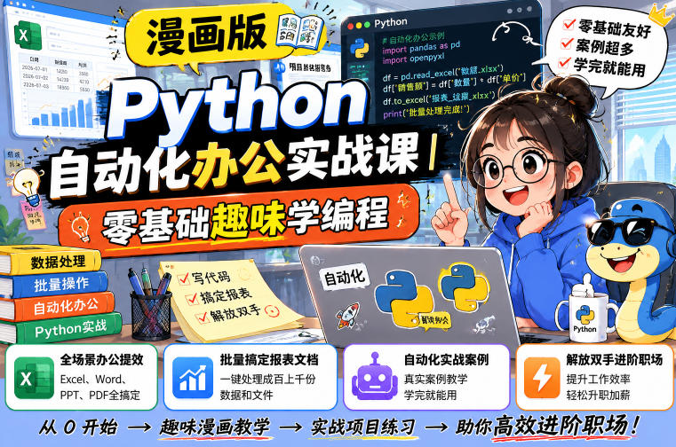 漫画版Python自动化办公实战课｜零基础趣味学编程，全场景办公提效、批量搞定报表文档、解放双手进阶职场-源创文化-无心创作