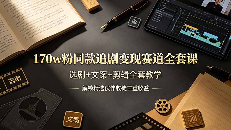 170w粉博主同款追剧变现赛道全套课，选剧+文案+剪辑全套教学，解锁精选伙伴收徒三重收益-源创文化-无心创作