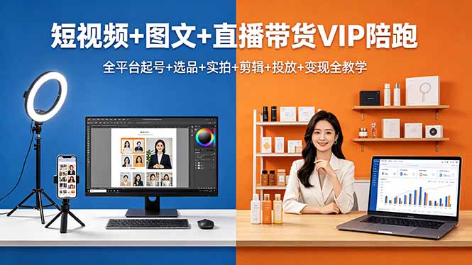 短视频+图文+直播带货VIP陪跑，全平台起号+选品+实拍+剪辑+投放+变现全教学-源创文化-无心创作