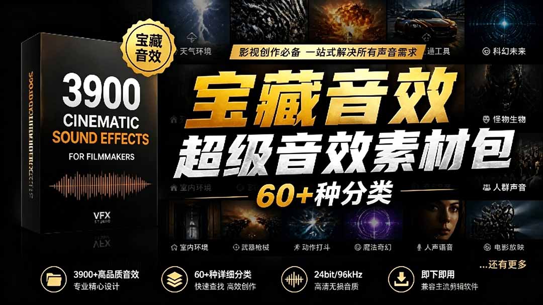宝藏音效合集包！60+多种音效分类，共计3900个，分类清晰，全中文分类，高品质剪辑音效素材包-源创文化-无心创作