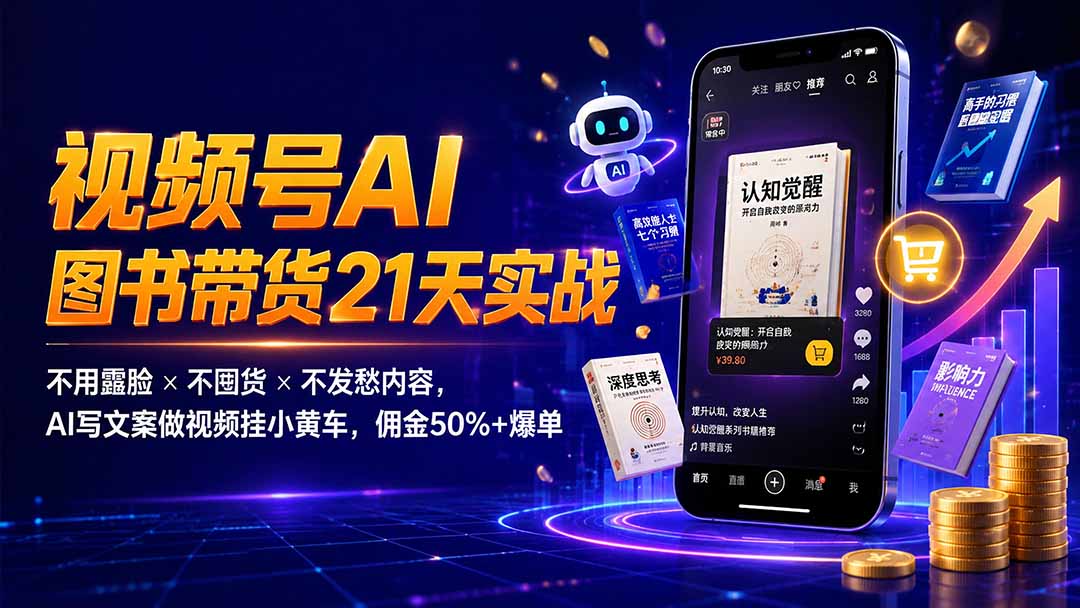 繁花视频号AI图书带货21天实战:不用露脸×不囤货×不发愁内容,AI写文案做视频挂小黄车,佣金50%+爆单-源创文化-无心创作