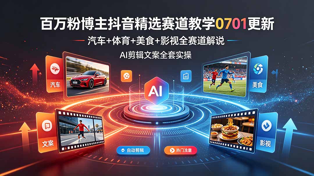 百万粉博主抖音精选赛道教学-0701更新，汽车+体育+美食+影视全赛道解说，AI剪辑文案全套实操-源创文化-无心创作