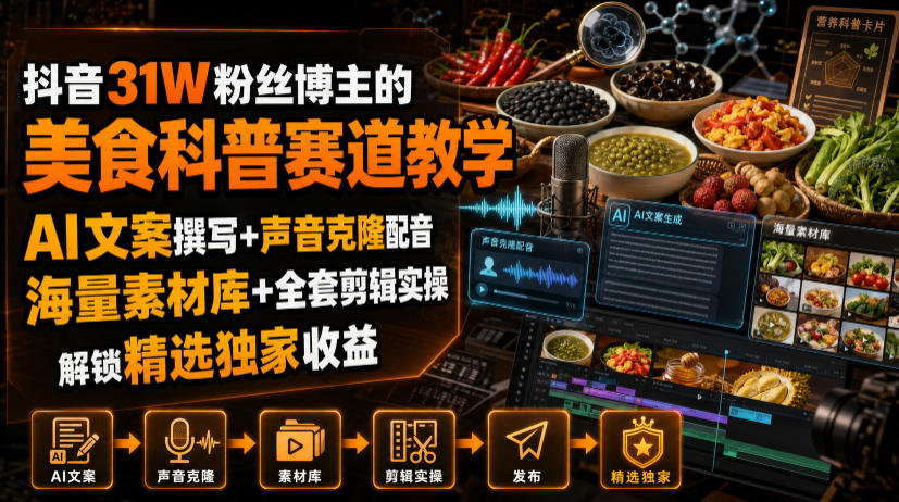 抖音31W粉丝博主的美食科普赛道教学，AI文案撰写+声音克隆配音+剪辑实操，解锁精选独家收益-源创文化-无心创作