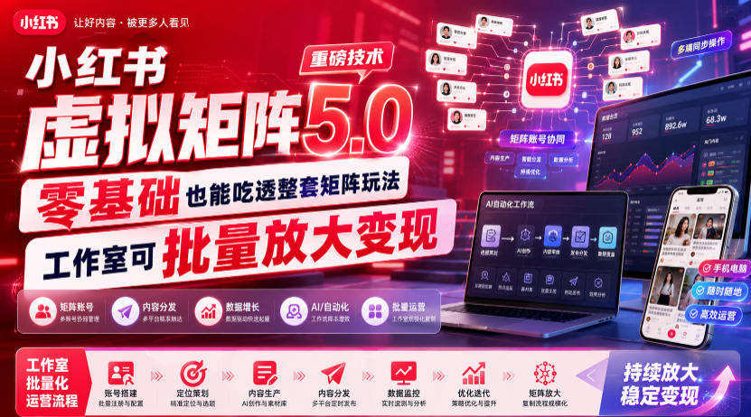 小红书虚拟矩阵5.0重磅技术,零基础也能吃透整套矩阵玩法,工作室可批量放大变现-源创文化-无心创作