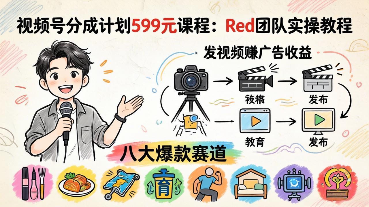 视频号分成计划599元课程：Red团队实操教程，发视频赚广告收益，八大爆款赛道全掌握-源创文化-无心创作