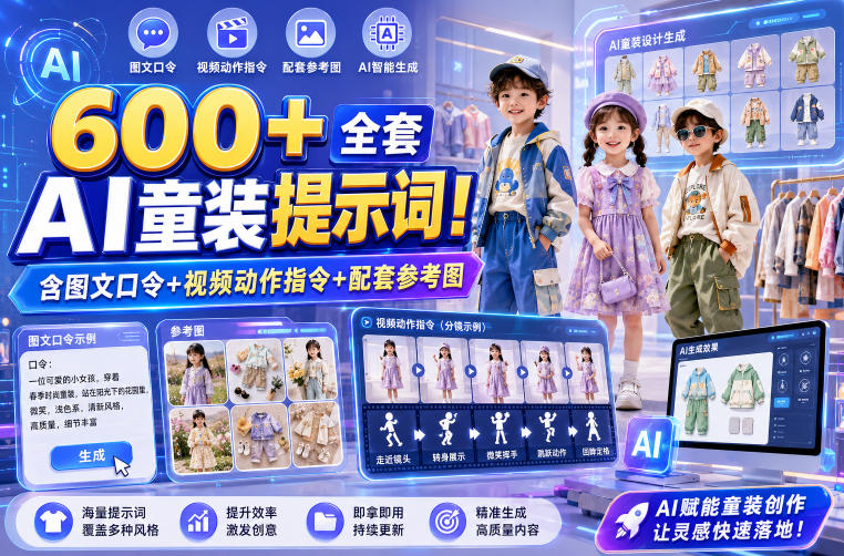 600+全套AI童装提示词！含图文口令+视频动作指令+配套参考图，Word-Excel规整分类，童装电商、种草无脑量产内容！-源创文化-无心创作
