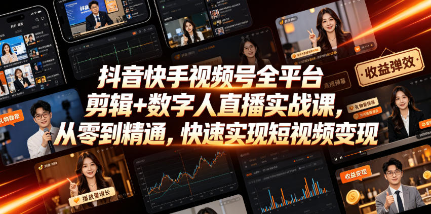 抖音快手视频号全平台剪辑+数字人直播实战课，从零到精通，快速实现短视频变现(更新2026年6月)​-源创文化-无心创作