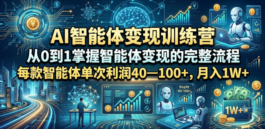 AI智能体变现训练营，从0到1掌握智能体变现的完整流程，每款智能体单次利润40&mdash;100+，月入1W+