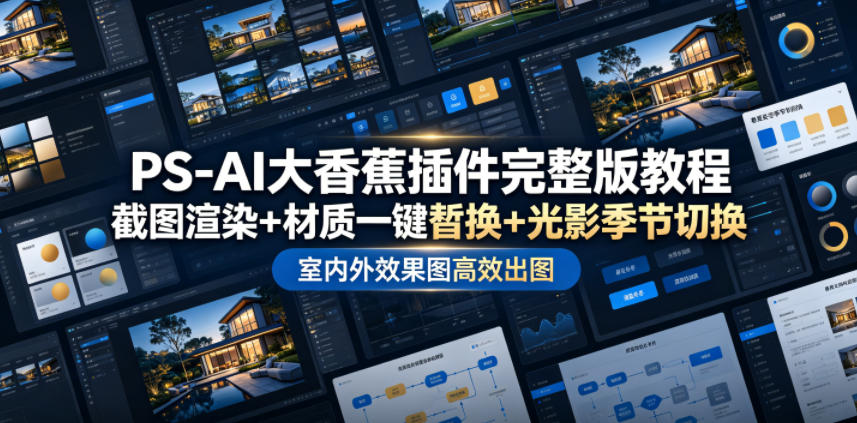 PS-AI大香蕉插件完整版教程，截图渲染+材质一键替换+光影季节切换，室内外效果图高效出图高阶课程-源创文化-无心创作