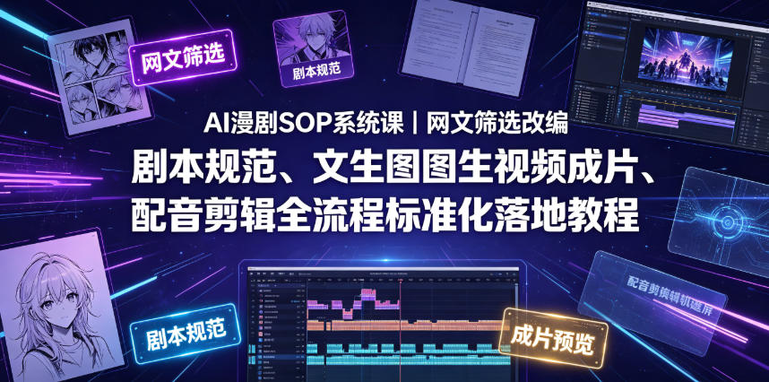 AI漫剧SOP系统课｜网文筛选改编、剧本规范、文生图图生视频成片、配音剪辑全流程标准化落地教程-源创文化-无心创作