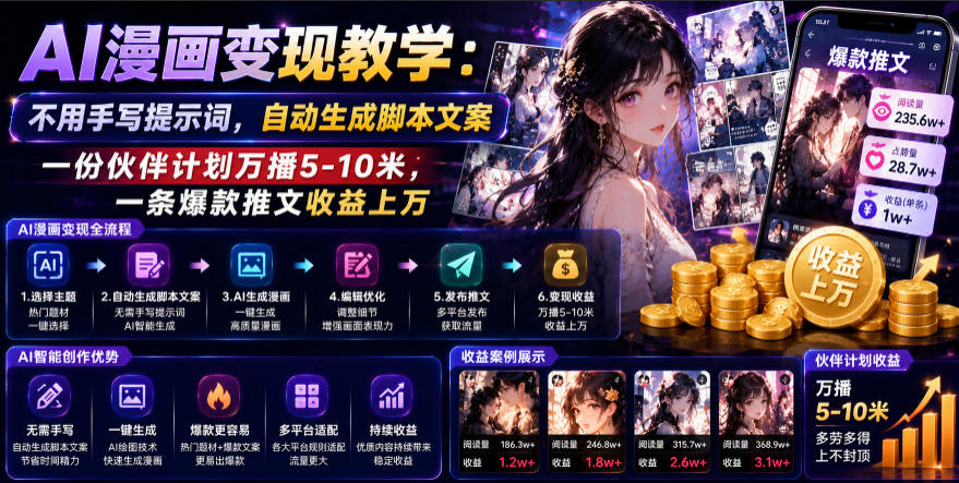 AI漫画变现教学：不用手写提示词，自动生成脚本文案，一份伙伴计划万播5-10米，一条爆款推文收益上W-源创文化-无心创作