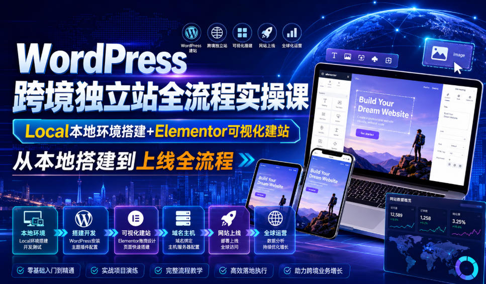 WordPress跨境独立站全流程实操课|Local本地环境搭建+Elementor可视化建站,从本地搭建到上线全流程-源创文化-无心创作
