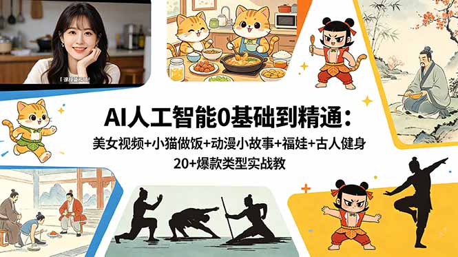 AI人工智能0基础到精通：美女视频+小猫做饭+动漫小故事+福娃+古人健身，20+爆款类型实战教学-源创文化-无心创作