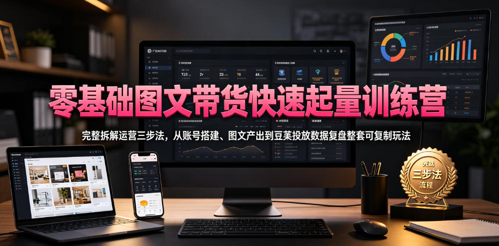零基础图文带货快速起量训练营，完整拆解运营三步法，从账号搭建、图文产出到豆荚投放数据复盘整套可复制玩法-源创文化-无心创作