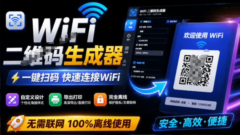 完全离线使用！WiFi二维码生成器，一键扫码快速连接WiFi，支持自定义风格导出WiFi二维码生成器-源创文化-无心创作