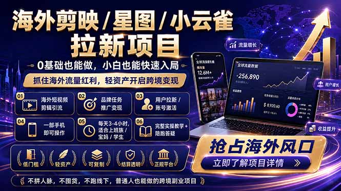 海外剪映 / 星图 / 小云雀拉新项目 普通人也能上手的跨境流量变现副业-源创文化-无心创作