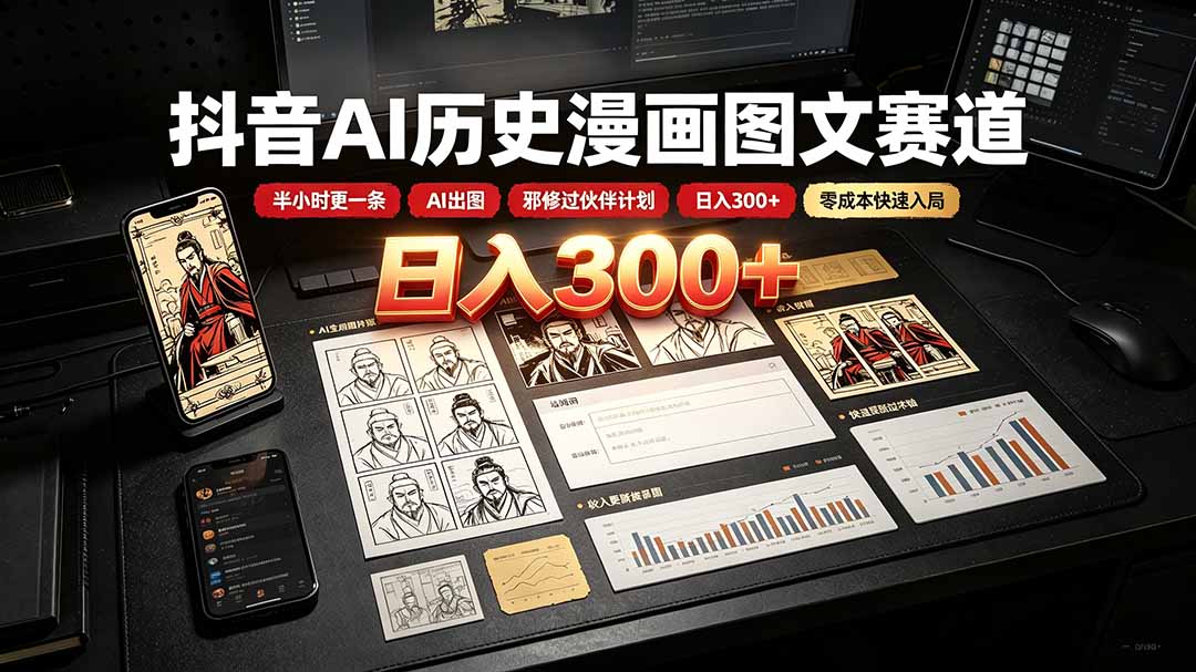抖音AI历史漫画图文赛道：半小时更一条×AI出图×邪修过伙伴计划×日入300+，零成本快速入局-源创文化-无心创作