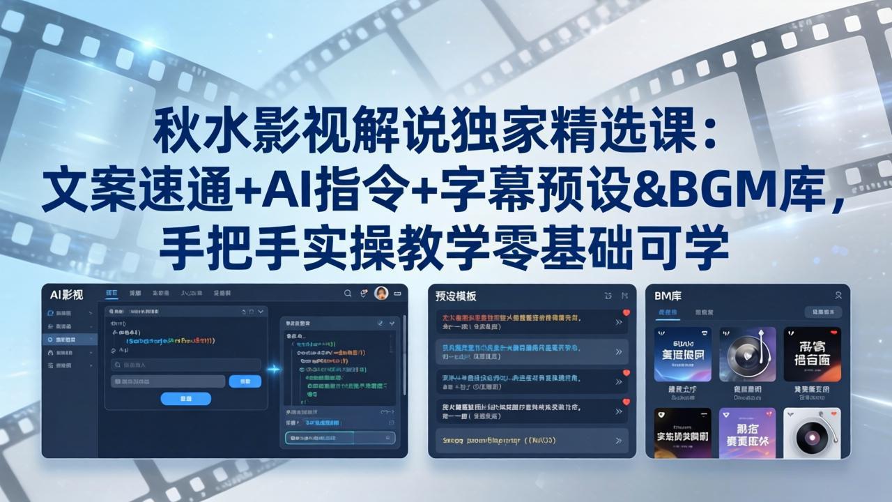 秋水影视解说独家精选课：文案速通+AI指令+字幕预设+BGM库，手把手实操教学零基础可学-源创文化-无心创作