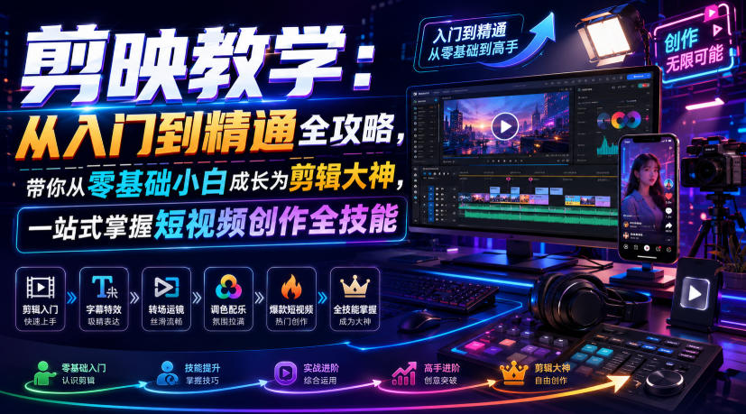 剪映教学：从入门到精通全攻略，带你从零基础小白成长为剪辑大神，一站式掌握短视频创作全技能-源创文化-无心创作