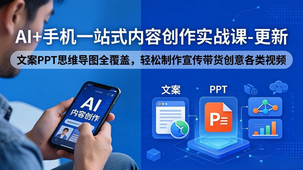 AI+手机一站式内容创作实战课-更新，文案PPT思维导图全覆盖，轻松制作宣传带货创意各类视频-源创文化-无心创作