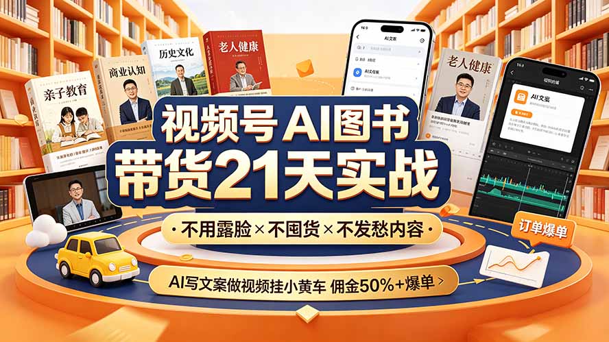 视频号AI图书带货21天实战：不用露脸×不囤货×不发愁内容，AI写文案做视频挂小黄车，佣金50%+爆单-源创文化-无心创作