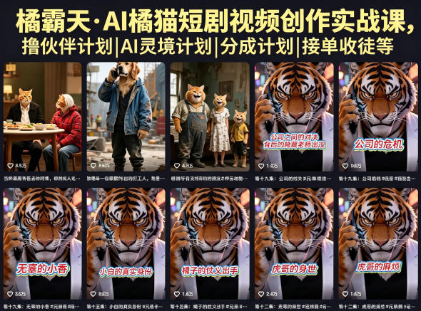 橘霸天·AI橘猫短剧视频创作实战课，撸伙伴计划|AI灵境计划|分成计划|接单收徒等-源创文化-无心创作