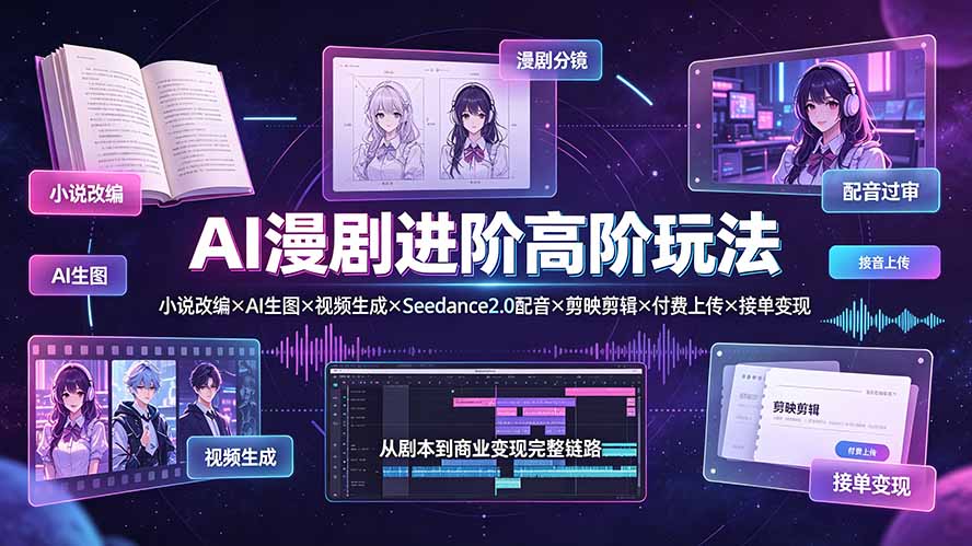 AI漫剧进阶高阶玩法：小说改编×AI生图×视频生成×Seedance2.0配音×剪映剪辑×付费上传×接单变现-源创文化-无心创作