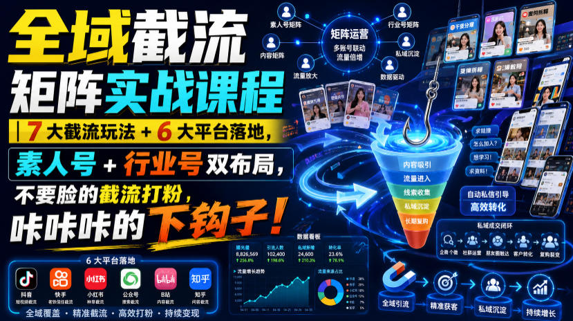 全域截流矩阵实战课程｜7大截流玩法+6大平台落地，素人号+行业号双布局，不要脸的截流打粉，咔咔咔的下钩子！-源创文化-无心创作