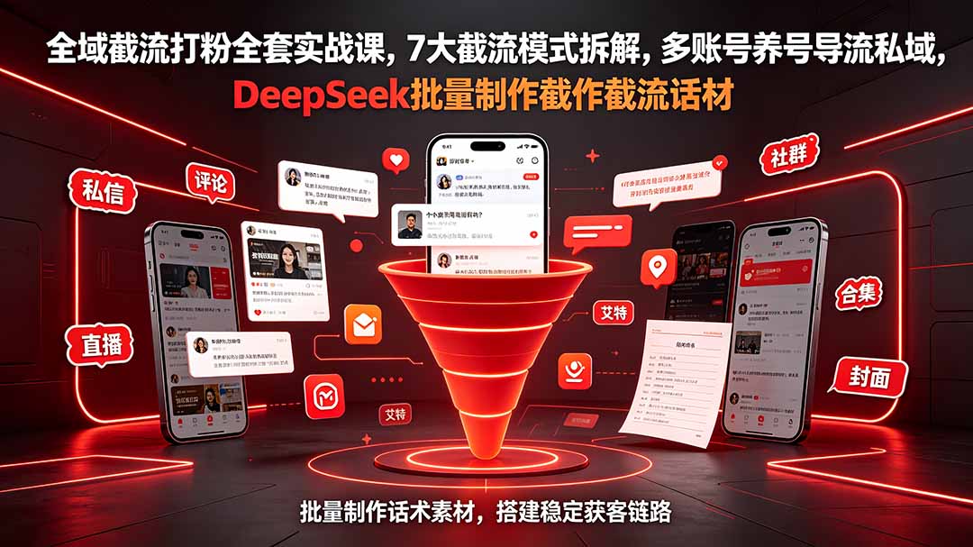 全域截流打粉全套实战课，7大截流模式拆解，多账号养号导流私域，DeepSeek批量制作截流话术素材-源创文化-无心创作
