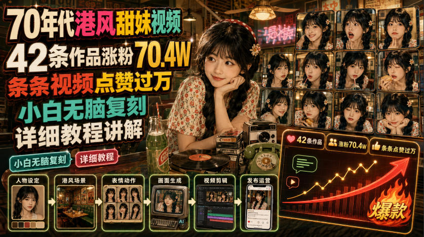 70年代港风甜妹视频,42条作品涨粉70.4W,条条视频点赞过万,小白无脑复刻,详细教程讲解-源创文化-无心创作