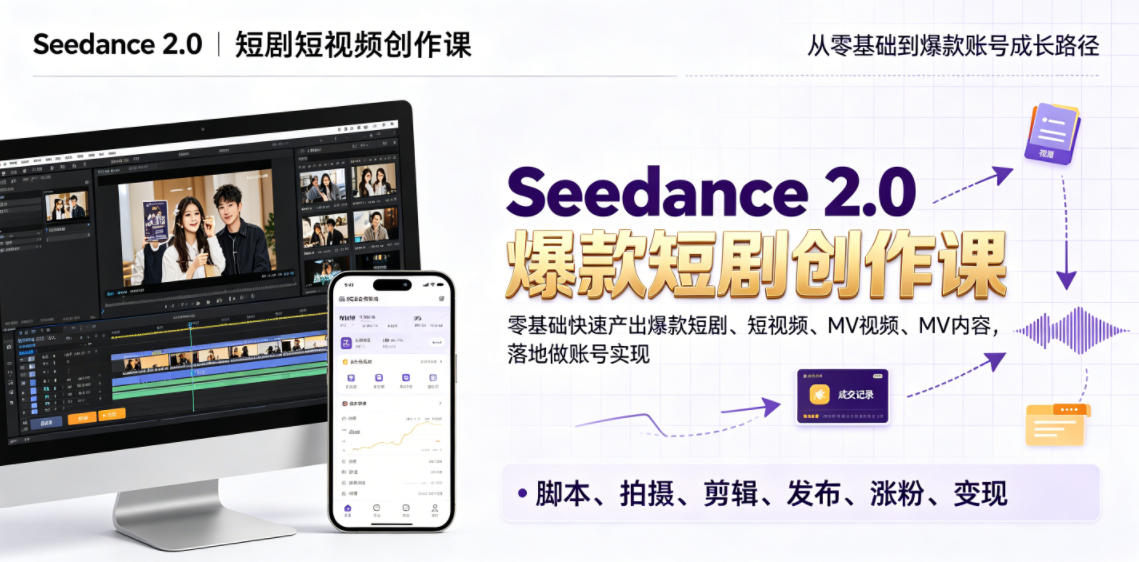 Seedance 2.0短剧短视频创作课，零基础快速产出爆款短剧、短视频、MV内容，落地做账号实现变现-源创文化-无心创作