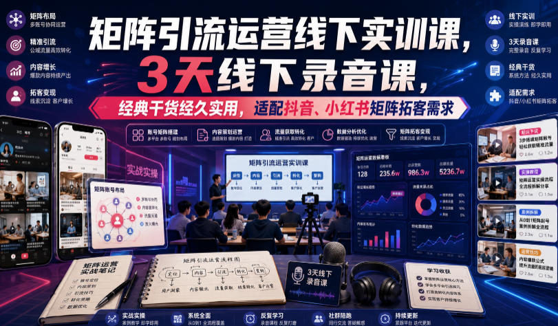 嗨推矩阵引流运营线下实训课，3天线下录音课，经典干货经久实用，适配抖音、小红书矩阵拓客需求-源创文化-无心创作