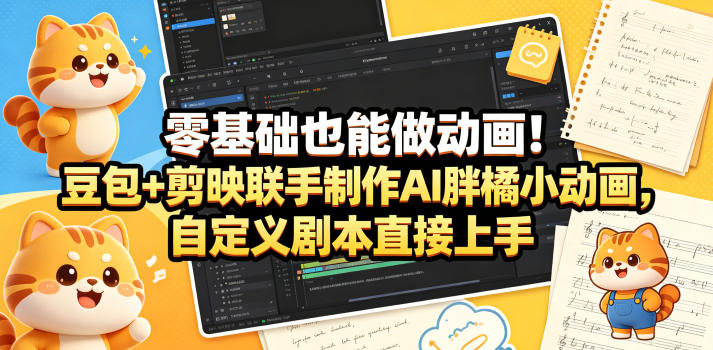 零基础也能做动画！豆包+剪映联手制作AI胖橘小动画，自定义剧本直接上手-源创文化-无心创作